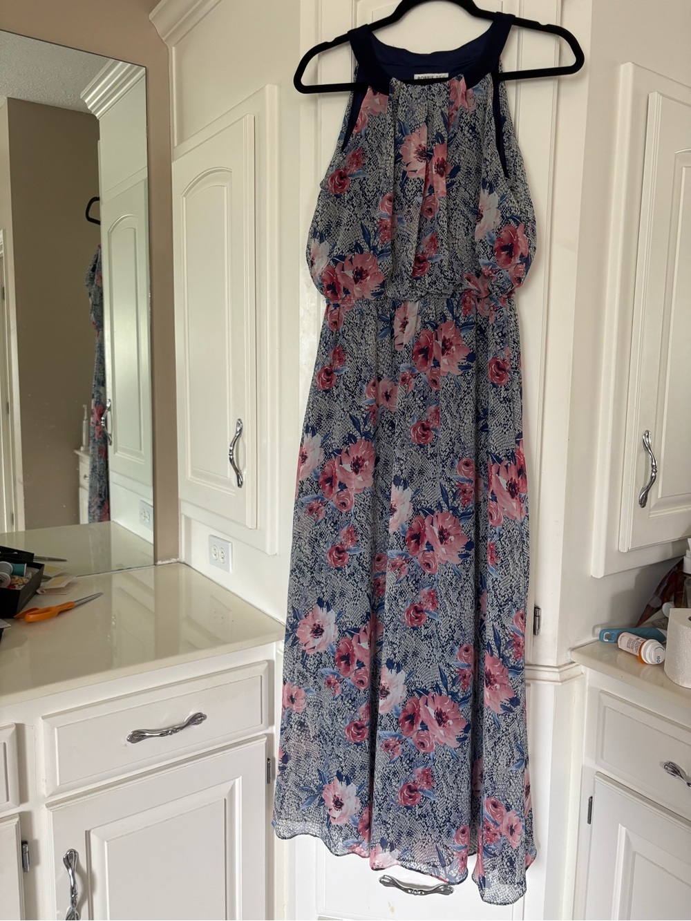 Robbie Bee Navy and Pink Floral Halter Maxi Dress
